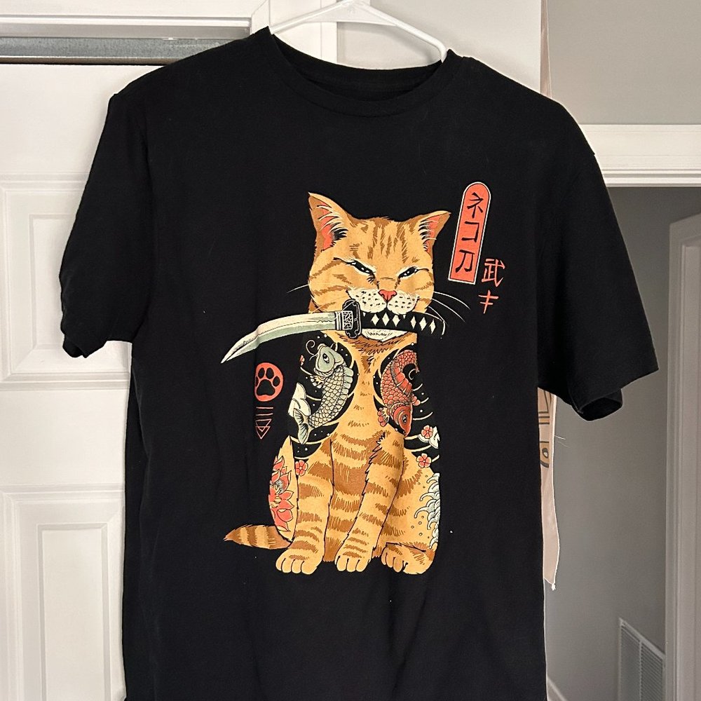 Samurai Cat Tshirt, Black - Medium